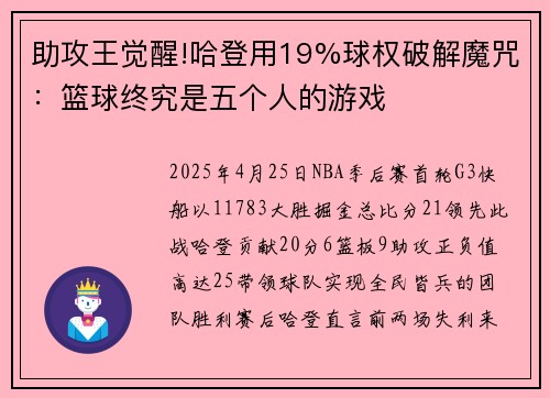 助攻王觉醒!哈登用19%球权破解魔咒：篮球终究是五个人的游戏