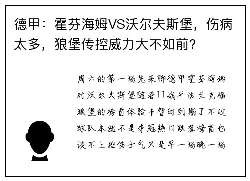 德甲：霍芬海姆VS沃尔夫斯堡，伤病太多，狼堡传控威力大不如前？