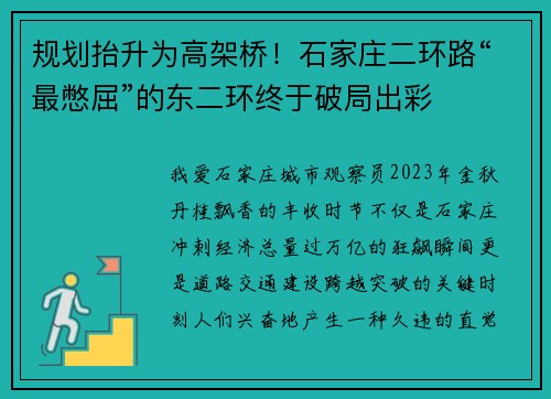 规划抬升为高架桥！石家庄二环路“最憋屈”的东二环终于破局出彩
